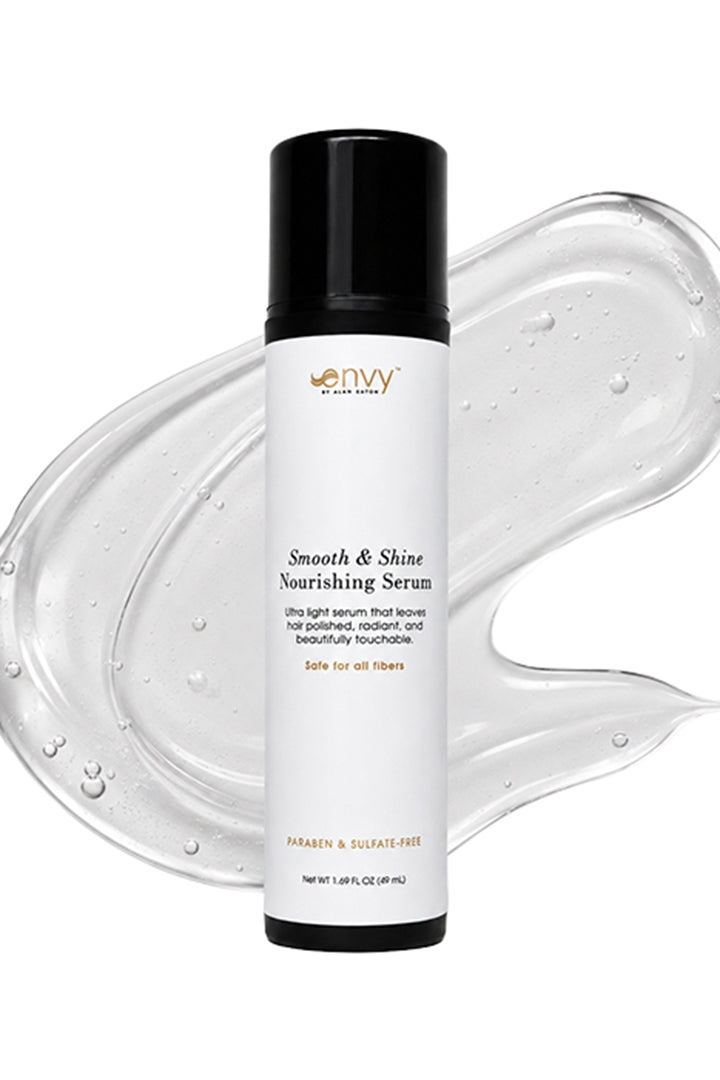 Envy Smooth & Shine Nourishing Serum bottle with a black cap against a clear, gel-like serum swirl background.