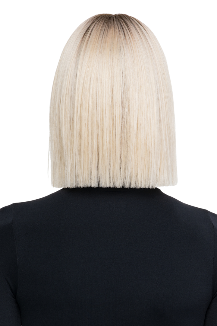 Back view of a sleek, straight blonde bob wig with a blunt-cut silhouette and dark rooted detail.
