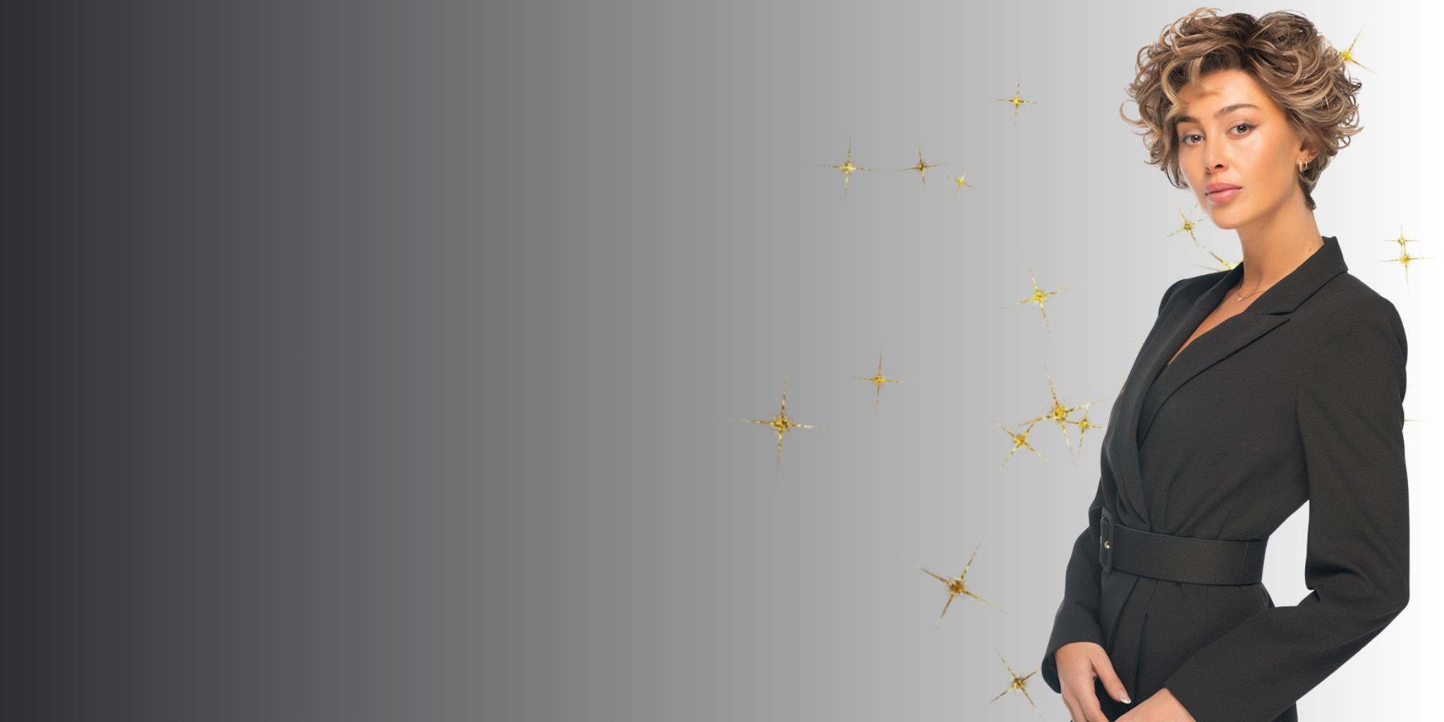 Woman in a black outfit against a gray background with decorative elements.