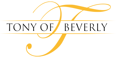 A logo-style graphic with the words 'TONY OF BEVERLY' in black serif lettering across a gold script monogram on a light gray background.