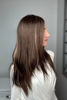 Woman with long brown wig (Violet by Henry Margu in 8/14H) side