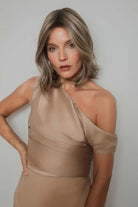 Yui by Noriko synthetic wavy bob wig with a natural lace front and mono part in a highlighted ash brown shade.