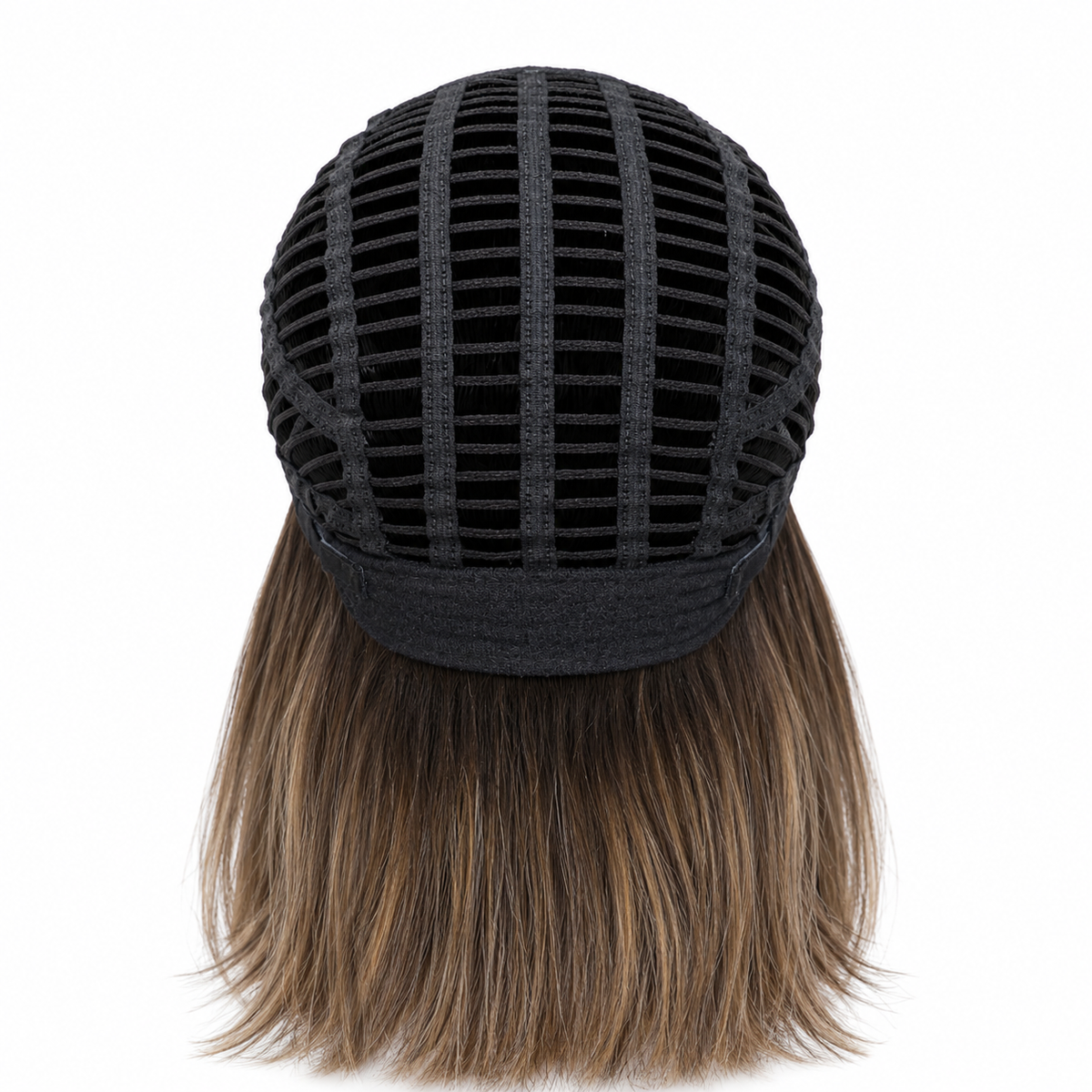 Back view of a short straight wig with a black mesh cap and medium brown to light brown hair, shown on a plain white background.