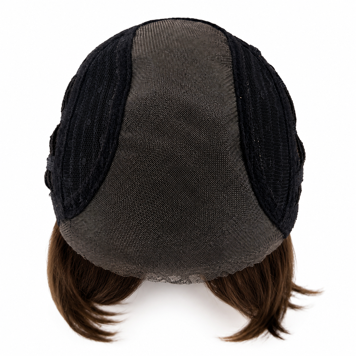 Back view of a short brown wig with a black mesh undercap, shown on a plain white background.