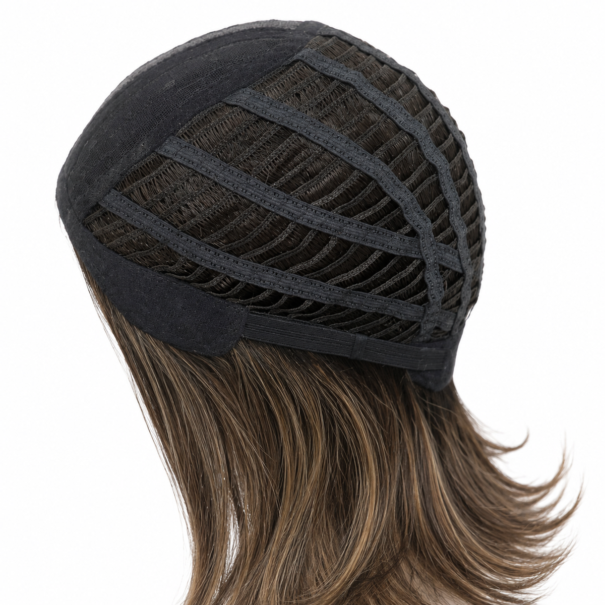 Back view of a dark brown wig with a black mesh and fabric cap, shown on a white background.
