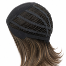 Back view of a dark brown wig with a black mesh and fabric cap, shown on a white background.