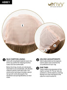 An informational product graphic for an Envy by Alan Eaton Abbey wig, showing three numbered callouts over a close-up of the hair and lining, with text describing silk chiffon lining, velcro adjustments, and ear tabs.