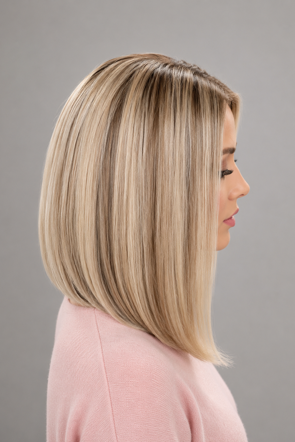 Woman wearing Adelina synthetic wig by PUSH in color white champagne rooted in a light pink v-neck sweater against a light grey background - right side view