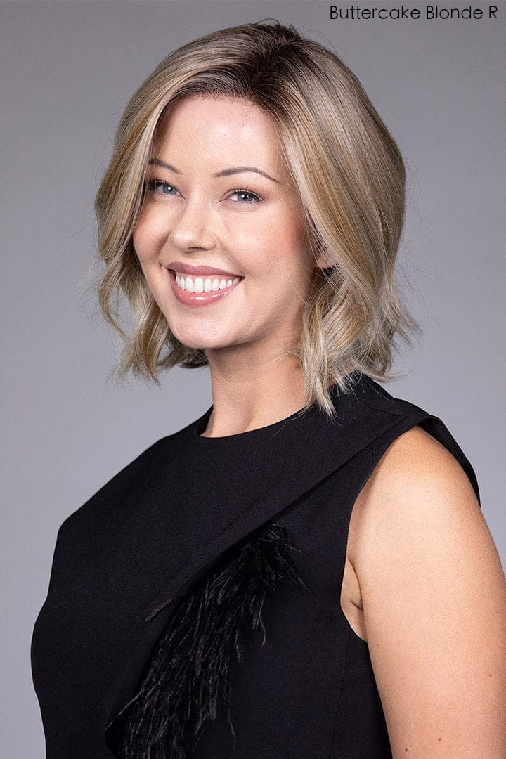 Model wearing Berry wig by Belle Tress in Buttercake Blonde R-Front