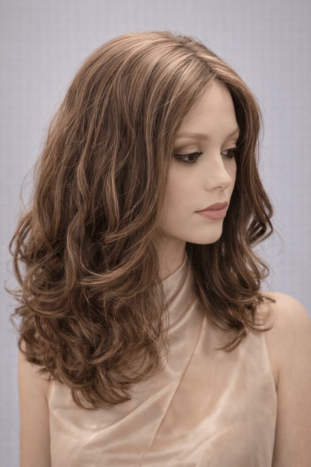 Woman wearing PUSH wavy 14-22" human hair wig in color Belle - Front view.