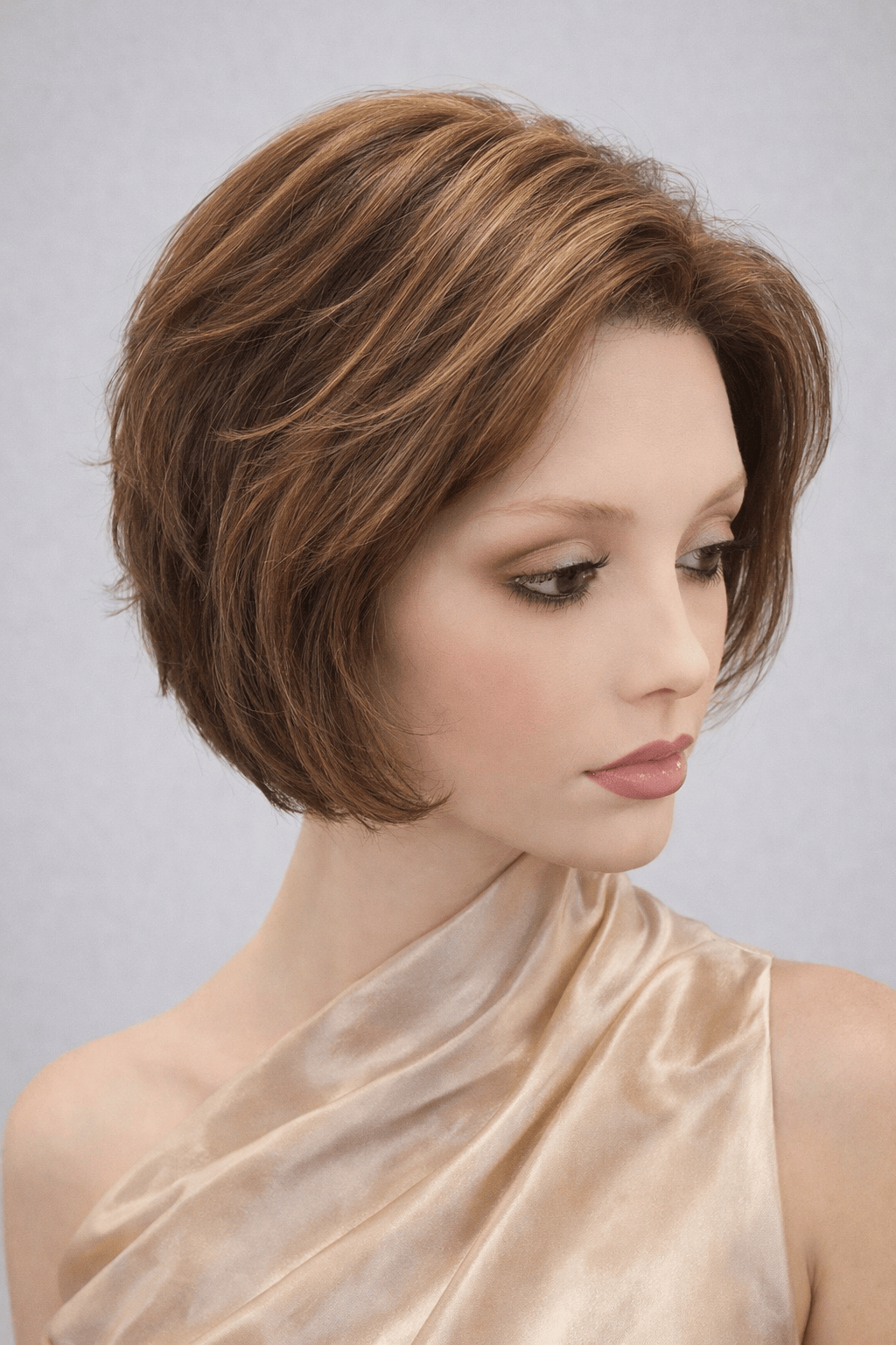 Woman wearing 5-11" Remy European Human Hair Wig by PUSH in color Noisette - Front view.