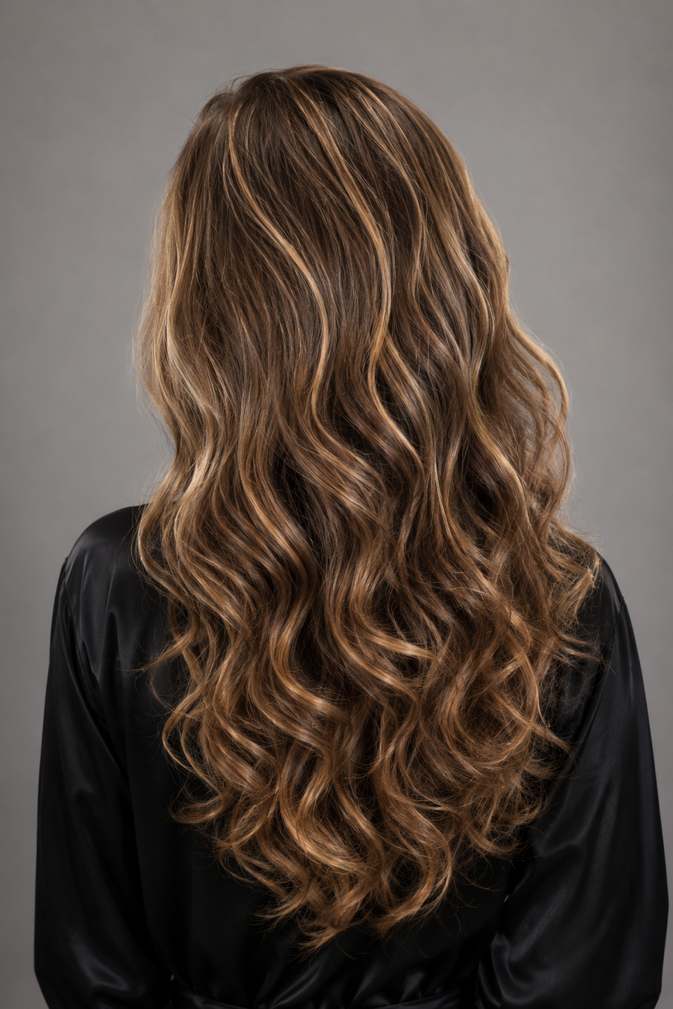 Woman wearing Remy Human Hair Wig by PUSH 14-22" - Back view in color Belle | A base of rich brown, complemented by highlights in both light brown and medium ash blonde, creating a multi-dimensional and natural-looking effect.