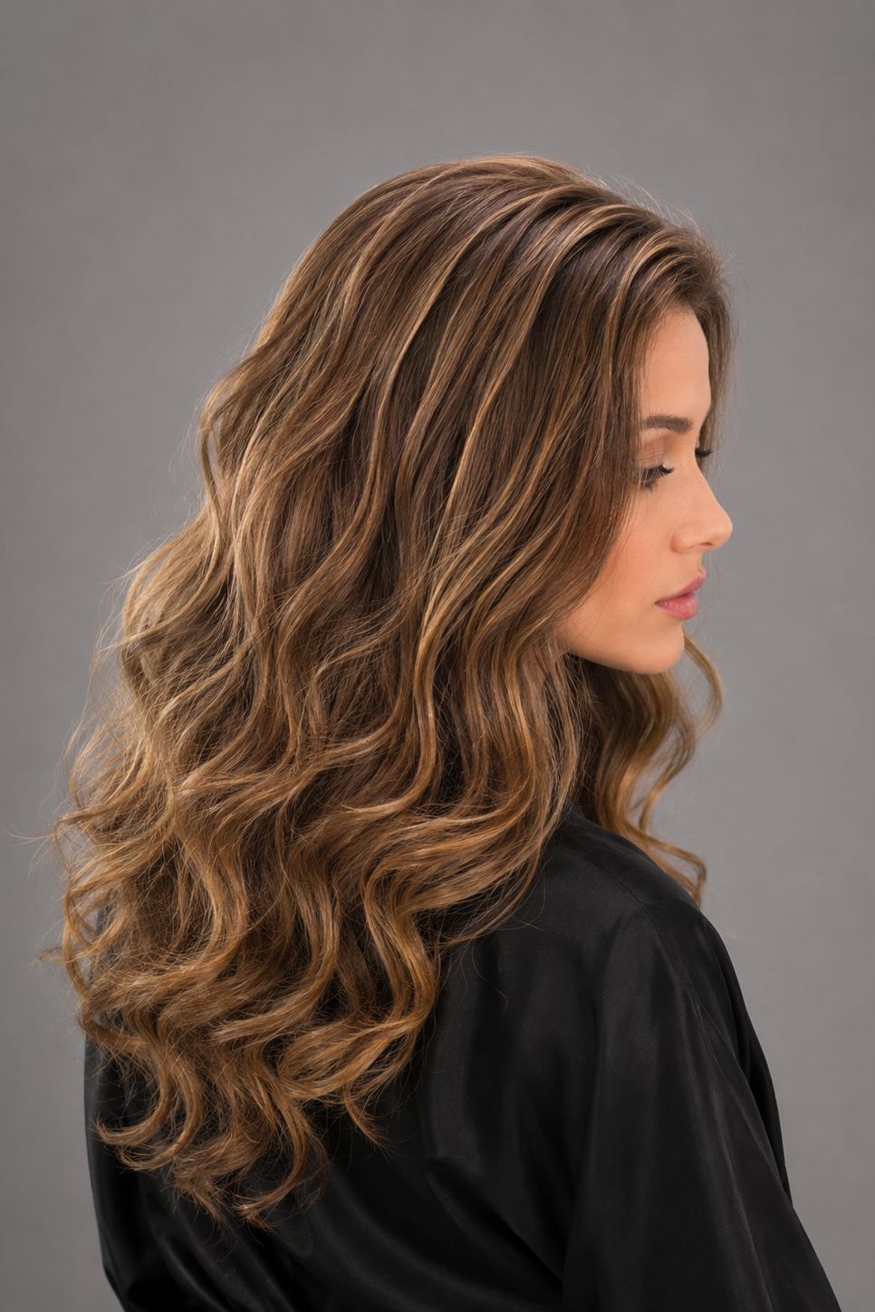 Woman wearing Remy Human Hair Wig by PUSH 14-22" - Right side view in color Belle | A base of rich brown, complemented by highlights in both light brown and medium ash blonde, creating a multi-dimensional and natural-looking effect.