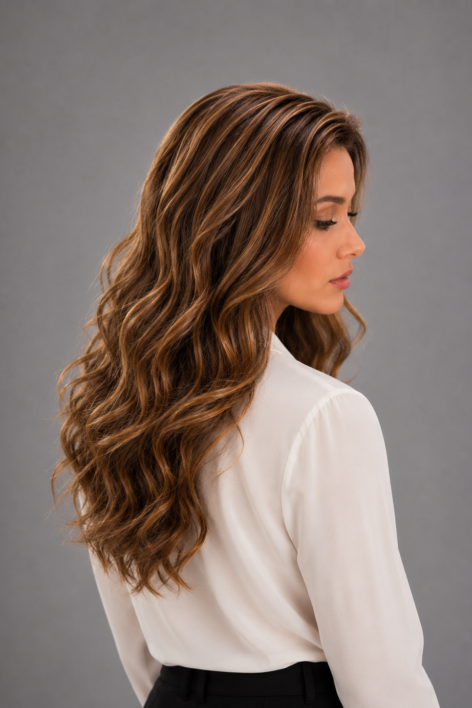Woman wearing Bespoke Human Hair Wig by PUSH 14-22" in color Belle with a cream colored button down blouse and black pants on a light grey background. Right side view. 