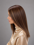Bespoke 14-15" straight Remy human hair wig in Noisette with auburn and dark blonde highlights.