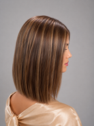 Bespoke 14-15" Remy human hair wig in Noisette, straight bob with auburn and blonde highlights.
