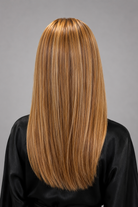 Woman wearing Remy Human Hair Wig by PUSH in color Mocha with Cream - Back view