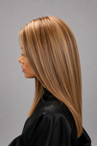 Woman wearing Remy Human Hair Wig by PUSH in color Mocha with Cream - Left side view