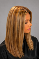 Woman wearing Remy Human Hair Wig by PUSH in color Mocha with Cream - Right side view