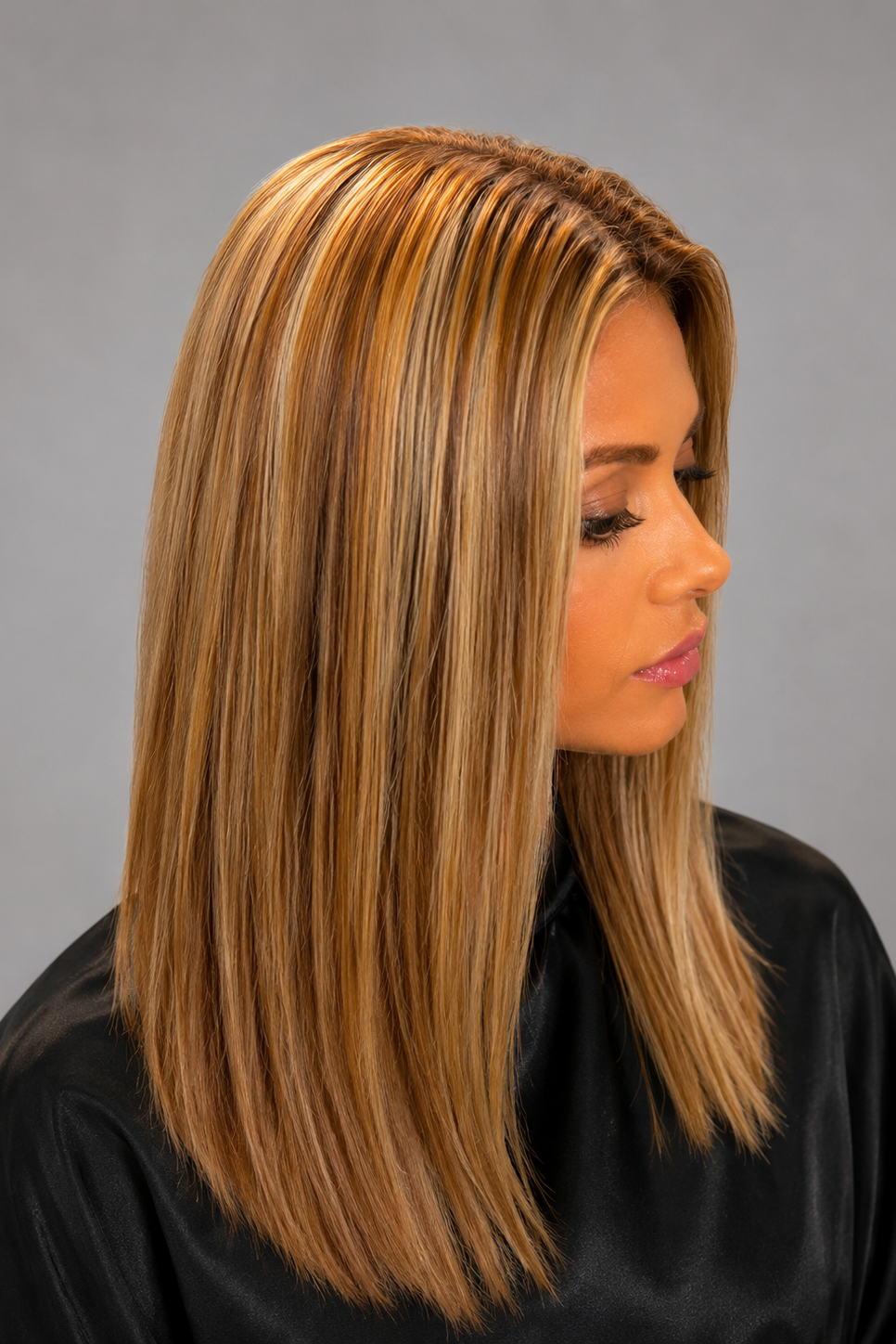 Woman wearing Remy Human Hair Wig by PUSH in color Mocha with Cream - Right side view