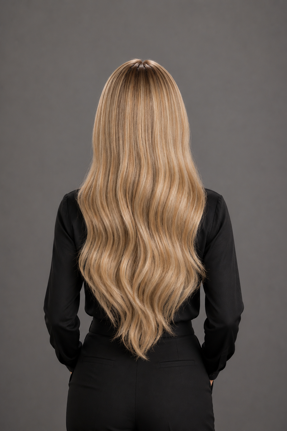 Woman wearing 26" Human Hair Wig by PUSH in color Brulee with black silk top and black pants. Back view