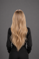 Woman wearing Bespoke Human Hair Wig by PUSH 20-26" in color Brûlée Dorée with black blouse and pants. Back view.