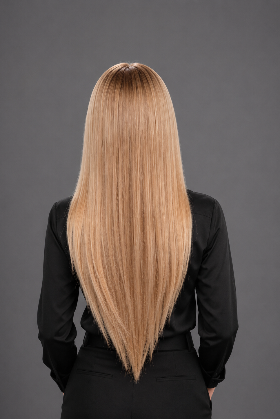 Woman wearing Bespoke Human Hair Wig by PUSH 20-26" in color Soleil with black blouse and black pants. Back view.