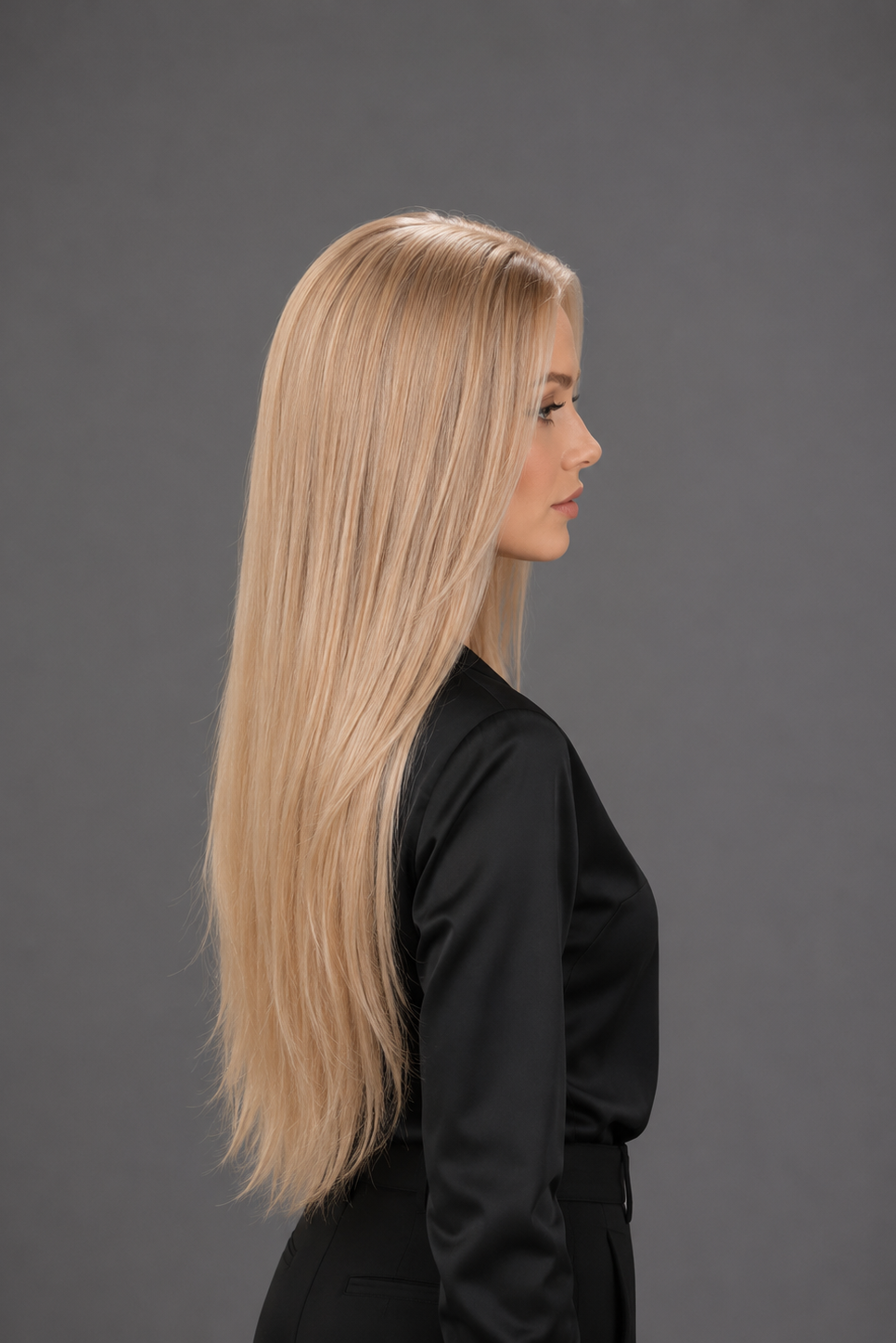 Woman wearing Bespoke Human Hair Wig by PUSH 20-26" in color Soleil with black blouse and black pants. Right side view.