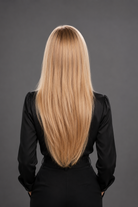 Woman wearing 20" Human Hair Wig by PUSH in color Brulee Doree with black top and pants | Back view