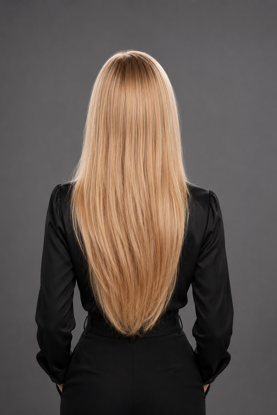 Woman wearing 20" Human Hair Wig by PUSH in color Brulee Doree with black top and pants | Back view