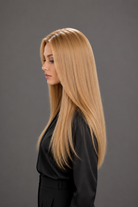 Woman wearing Bespoke Human Hair Wig by PUSH 20" in color Miel with black blouse and pants. Left side view.