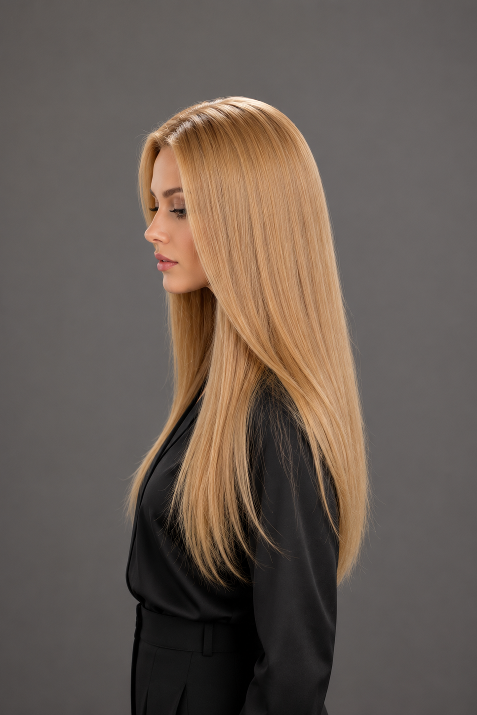 Woman wearing Bespoke Human Hair Wig by PUSH 20" in color Miel with black blouse and pants. Left side view.