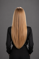Woman wearing Bespoke Human Hair Wig by PUSH 20" in color Miel with black blouse and pants. Back view.