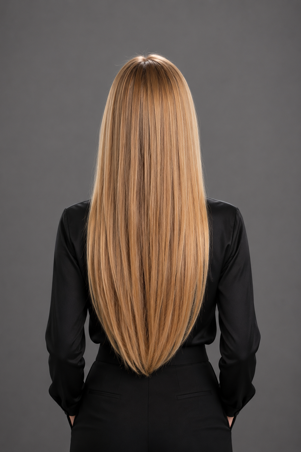 Woman wearing Bespoke Human Hair Wig by PUSH 20" in color Miel with black blouse and pants. Back view.