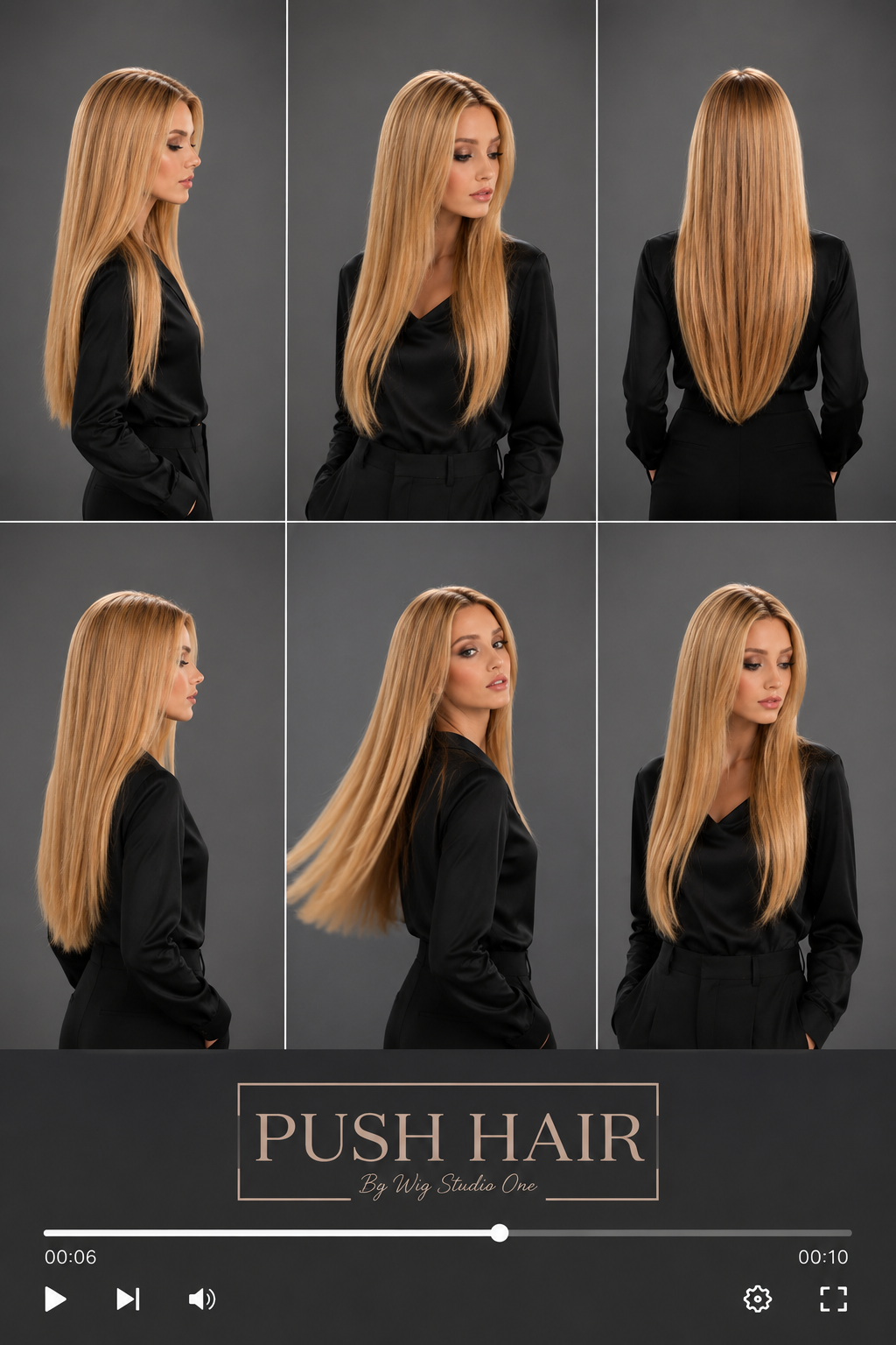 Woman wearing Bespoke Human Hair Wig by PUSH 20" in color Miel with black blouse and pants. Storyboard 