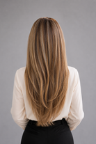 Woman wearing a Bespoke Human Hair Wig by PUSH in color Jolie and a cream colored button down blouse with black pants. Back view.