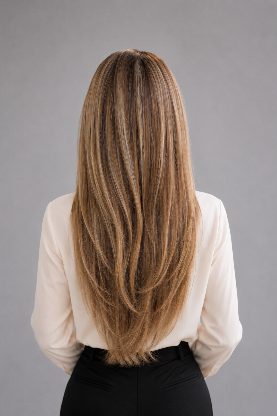 Woman wearing a Bespoke Human Hair Wig by PUSH in color Jolie and a cream colored button down blouse with black pants. Back view.