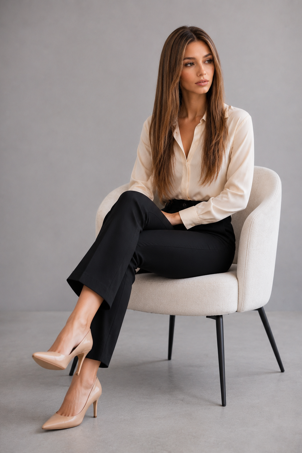 Woman sitting in a white chair wearing a Bespoke Human Hair Wig by PUSH in color Jolie and a cream colored button down blouse with black pants and tan heels. Front view.