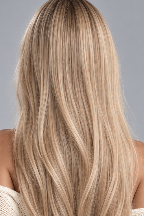 Brûlée Dorée | Natural ash blonde with highlights of golden blonde and a light brown root, creating a multi-dimensional and natural color that blends cool and warm tones.