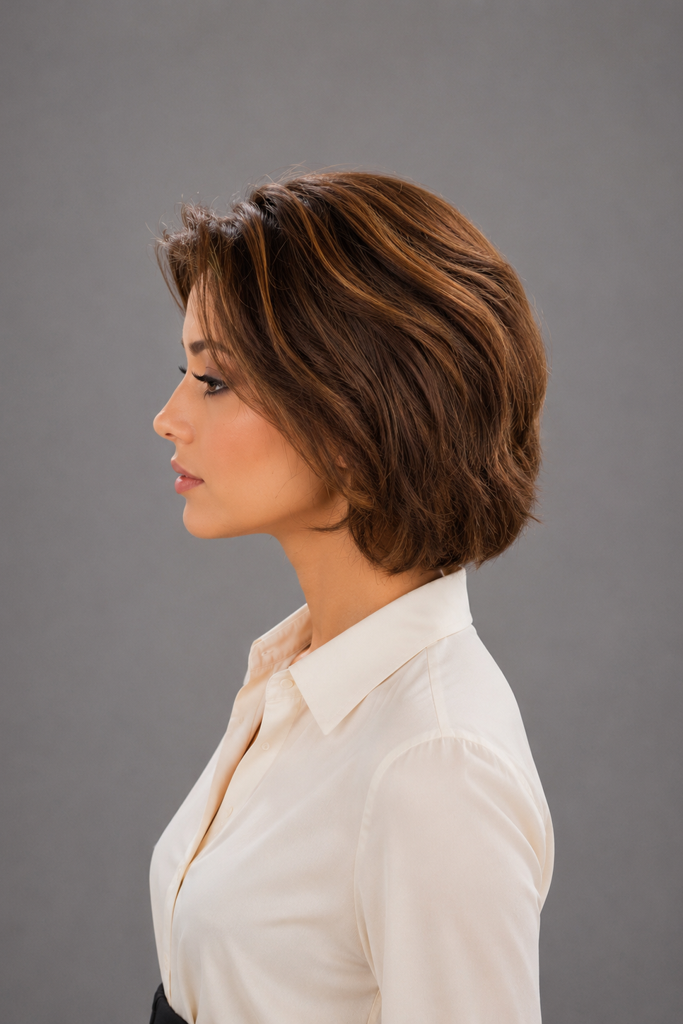 Woman wearing Bespoke Human Hair Wig by PUSH in color Noisette with a button down cream blouse. Left side view.