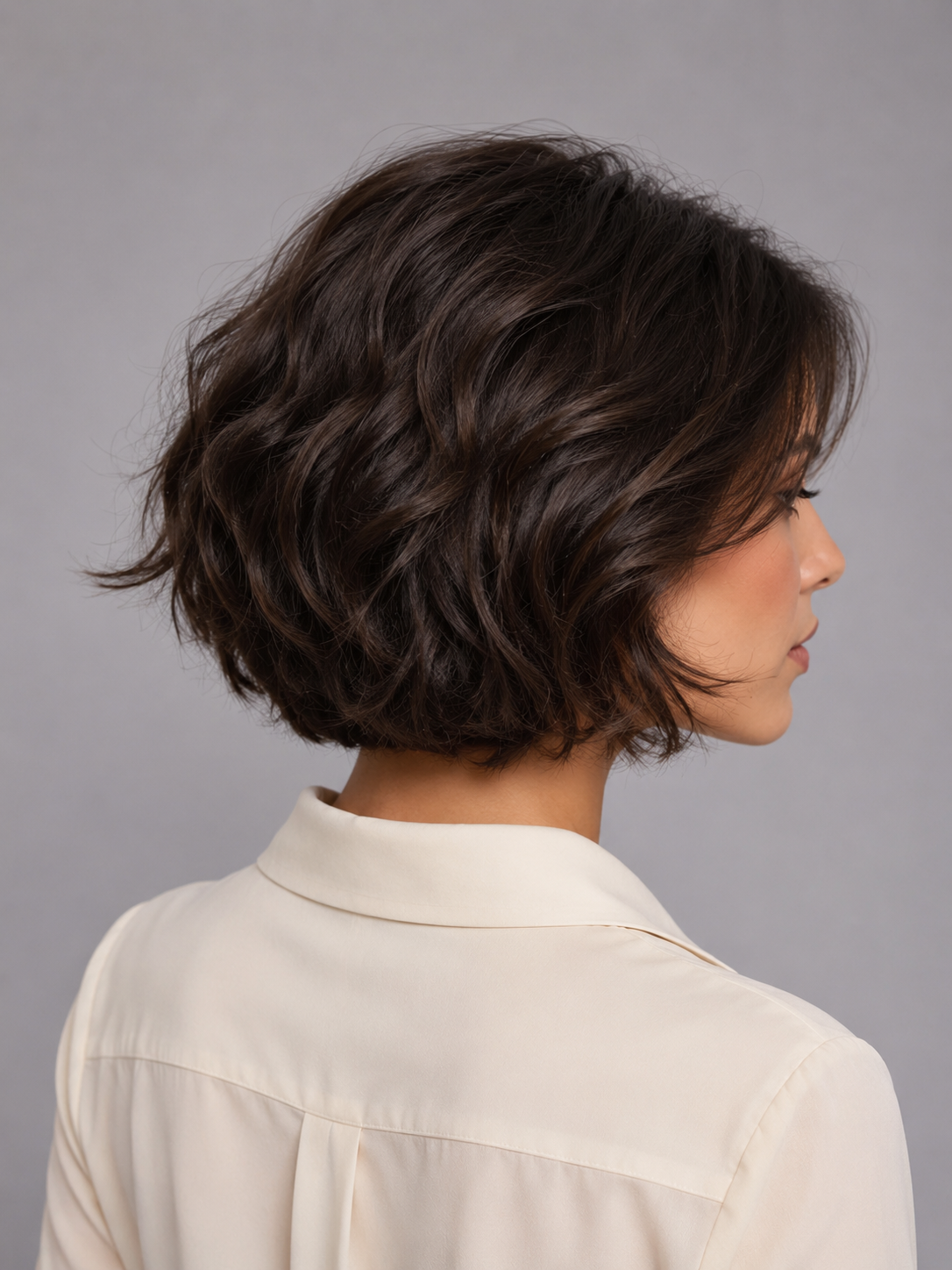 Woman wearing Bespoke Human Hair Wig by PUSH 5-13" in length in color cafe with a cream colored blouse. Back view.