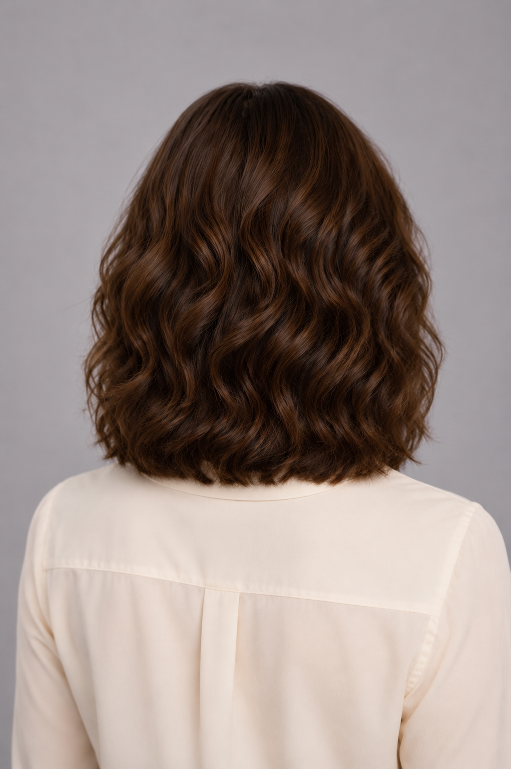 Woman with styled Bespoke Human Hair Wig in a chestnut brown color wearing a white blouse against a gray background. Back view.