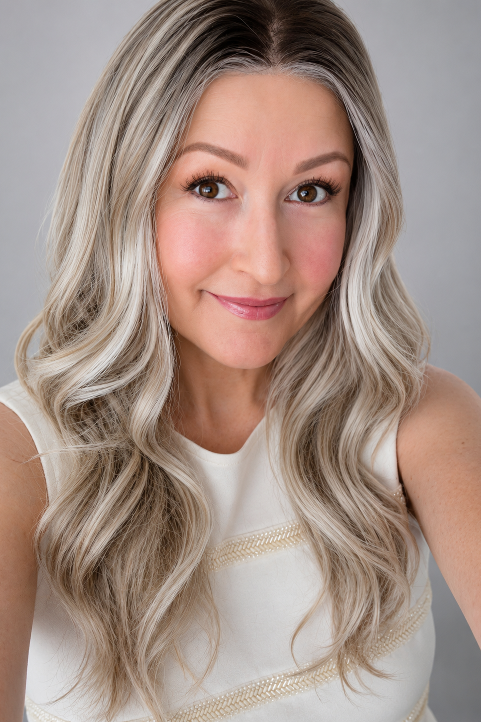 A woman wearing Bradley synthetic wig by PUSH in color champagne rooted with a cream sleeveless shirt against a grey background - front view