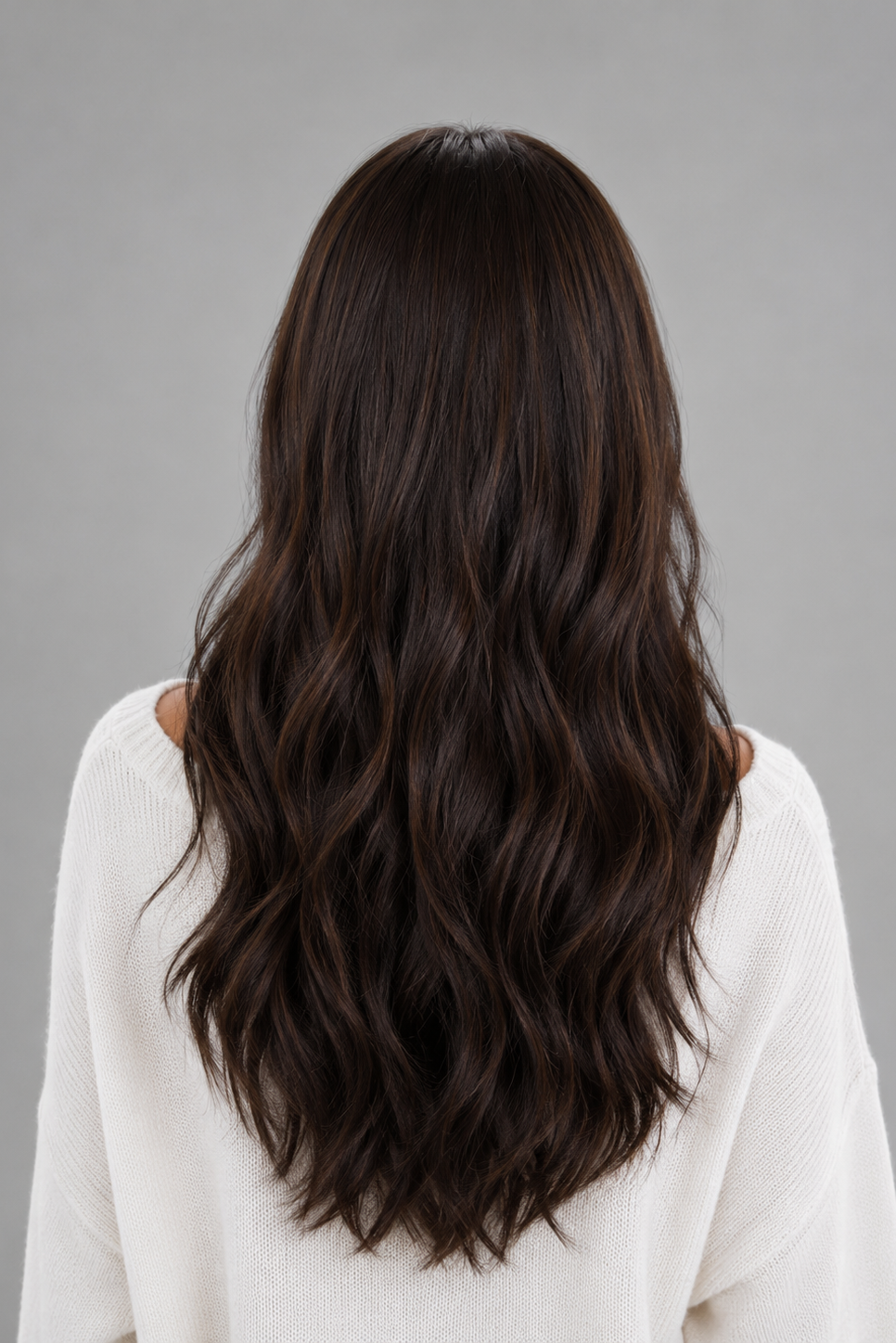 Woman wearing Bradley heat friendly synthetic long wavy wig in color dark chocolate chestnut and a white sweater against a light grey background. Back view.
