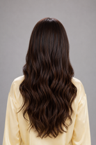 Woman wearing Bradley heat friendly synthetic long wavy wig in color dark chocolate chestnut and a yellow button down blouse against a light grey background. Back view.