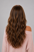 Woman wearing Bradley heat friendly synthetic long wavy wig in color sunlit brunette and a light pink sweater against a light grey background. Back view.