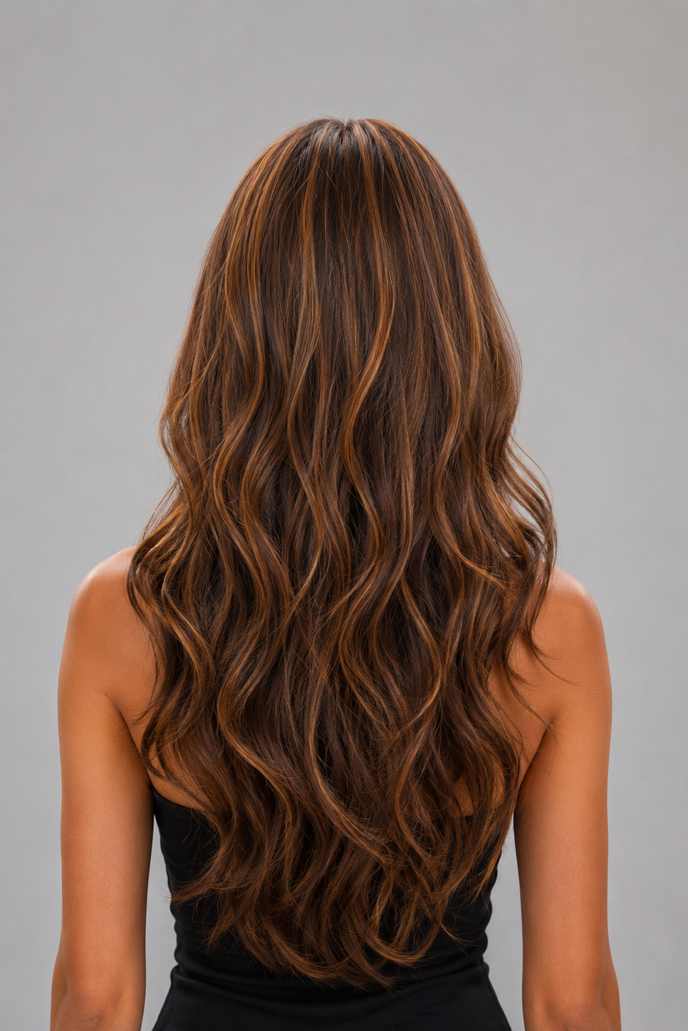 Woman wearing Bradley heat friendly synthetic long wavy wig in color sunlit brunette and a black summer dress with straps against a light grey background. Back view.