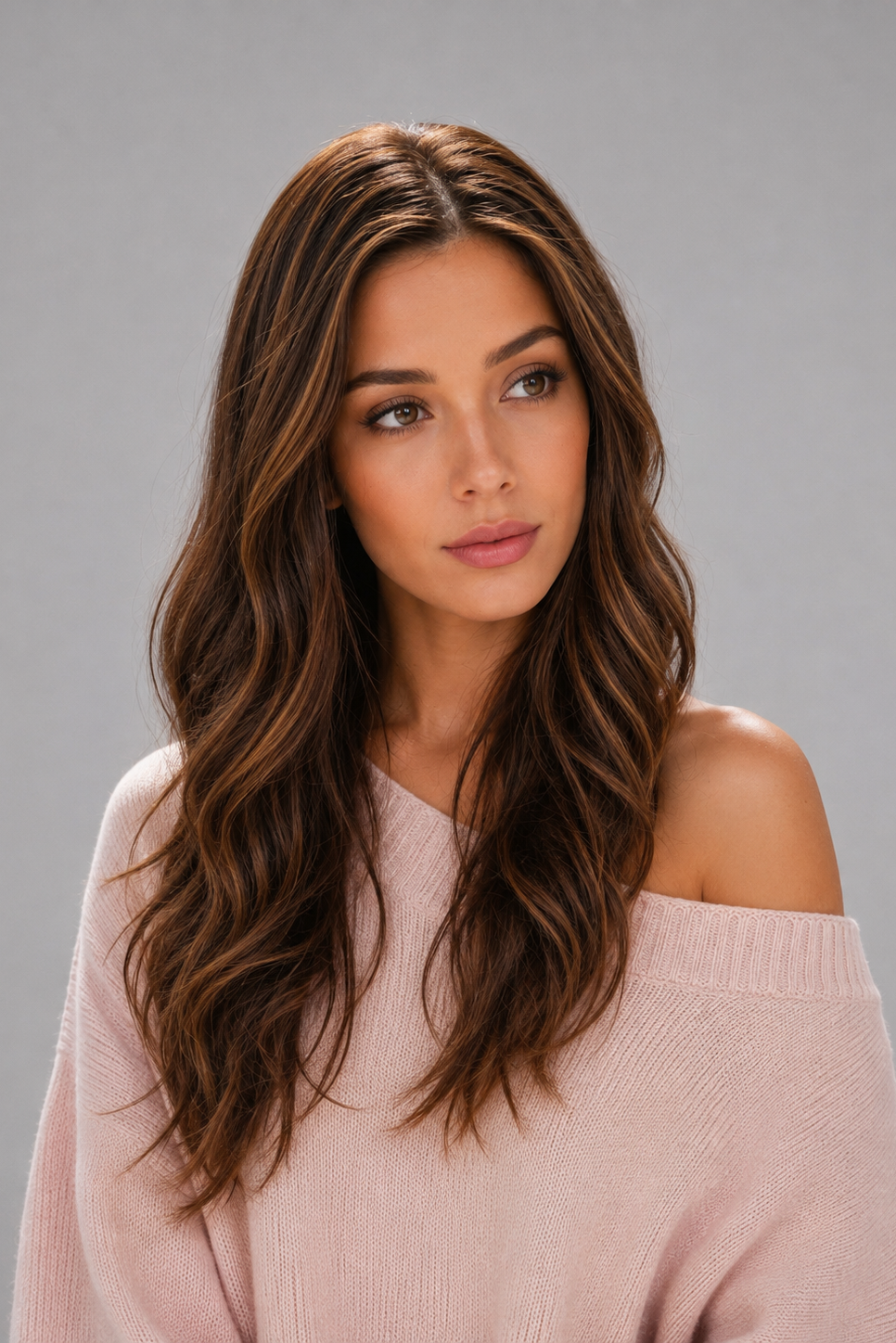 Woman wearing Bradley heat friendly synthetic long wavy wig in color sunlit brunette and a light pink sweater against a light grey background. Front view.