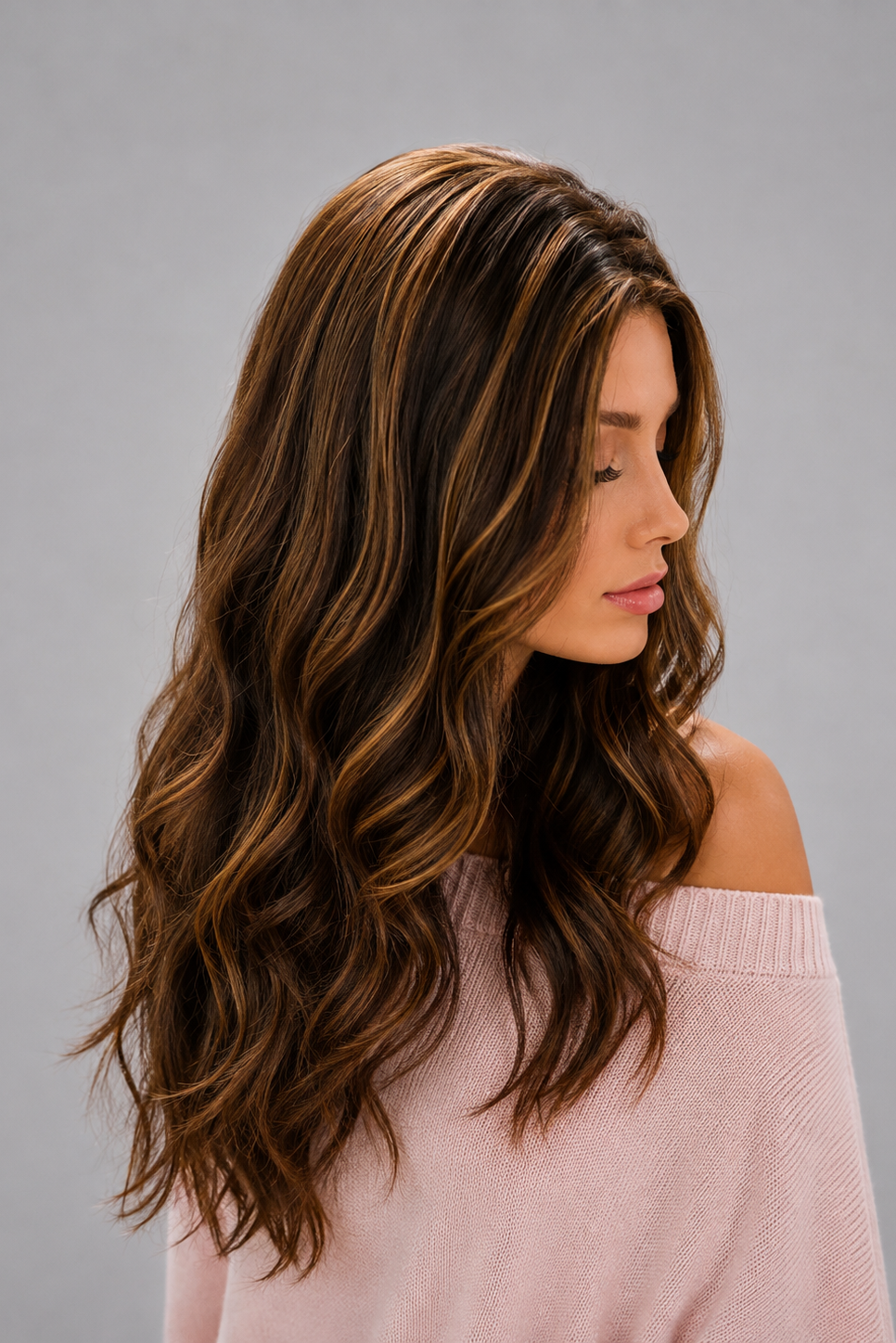 Woman wearing Bradley heat friendly synthetic long wavy wig in color sunlit brunette and a light pink sweater against a light grey background. Right side view.