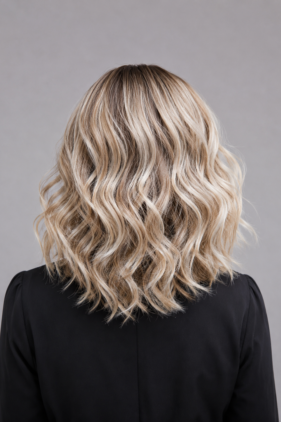 A woman wearing Brielle synthetic wig by PUSH in color Champagne Rooted - a shoulder-length, wavy blonde wig with darker roots, wearing a black top against a solid gray background - Back view.